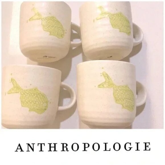 Anthropologie Set of 4 Ivory Beige Speckled Green Tetra Fish Ceramic Mugs - Picture 2 of 7